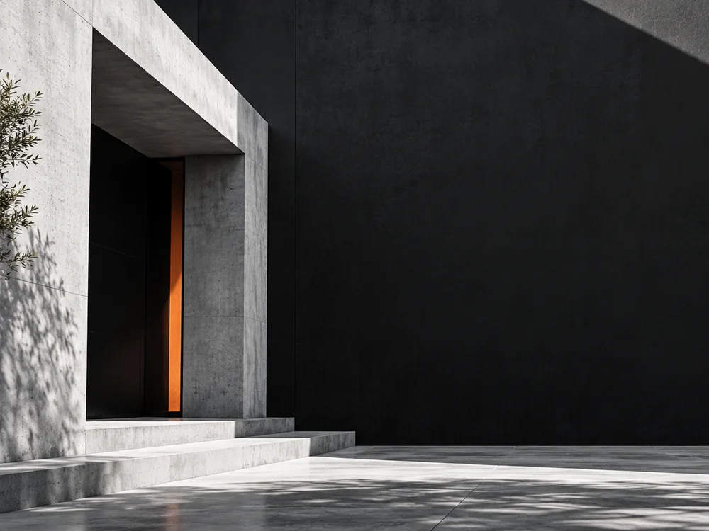 Concrete entrance with an orange-lit doorway beside a dark wall